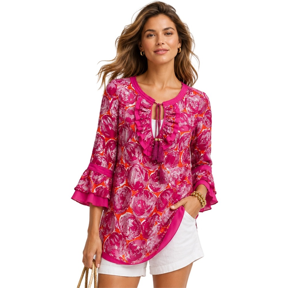 Tory Burch Top Womens Size 2 Pink Floral Silk Blend Tassel‎ Ruffle Tunic Blouse
